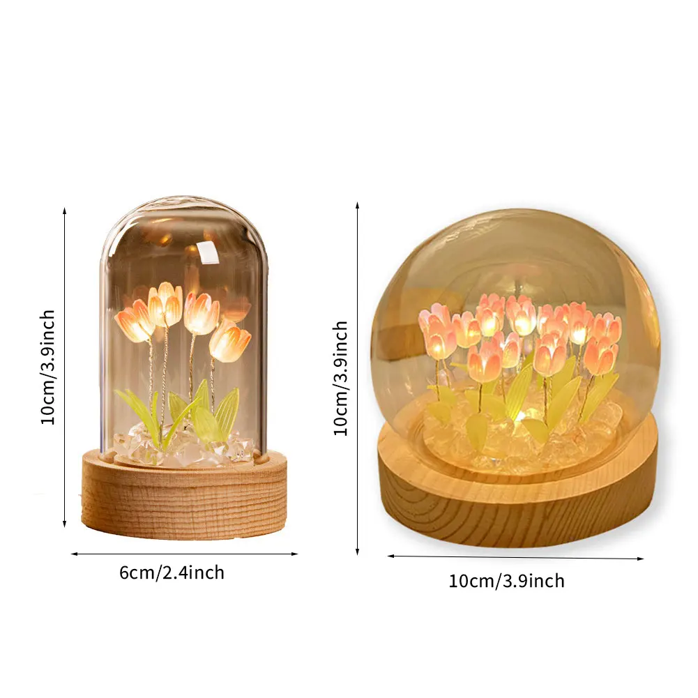 Tulip Flower Night Light With Glass Cover Handmade DIY Bedside Light LED Night Lamp Table Desk Lamp Bedroom Decor USB Mood Light