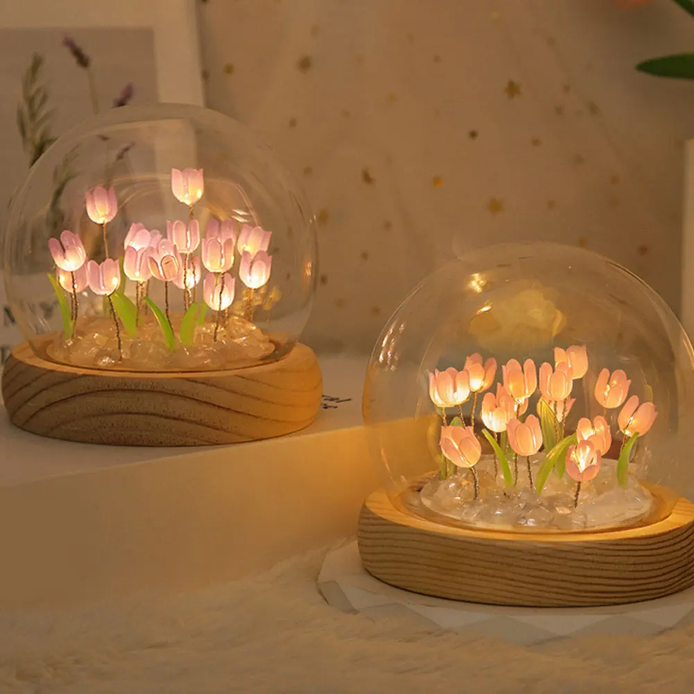 Tulip Flower Night Light With Glass Cover Handmade DIY Bedside Light LED Night Lamp Table Desk Lamp Bedroom Decor USB Mood Light