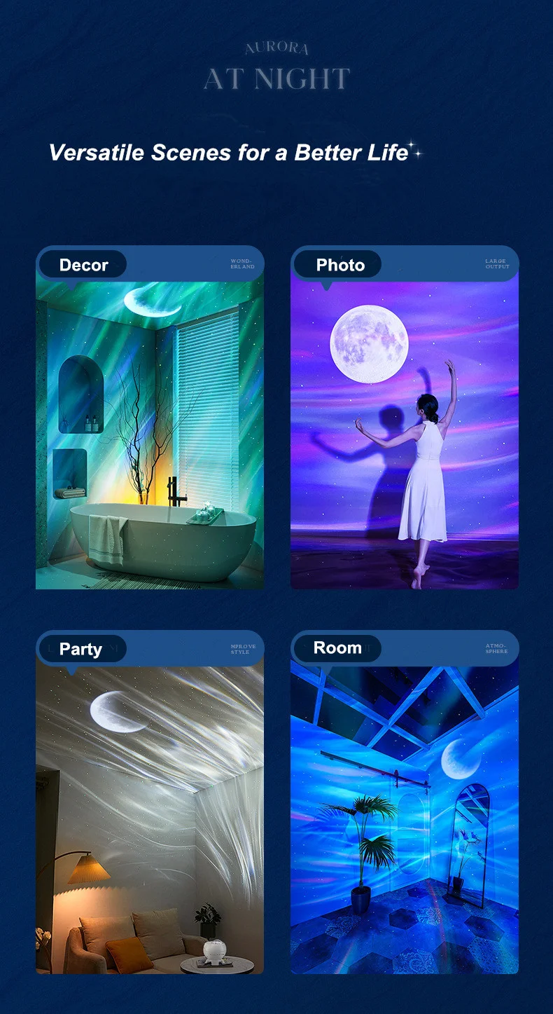 2026 Holiday Gifts Aurora Northern Lamp Ambient Projector Light Bedroom Wireless Ocean Wave Star Moon Aurora Dome Projector
