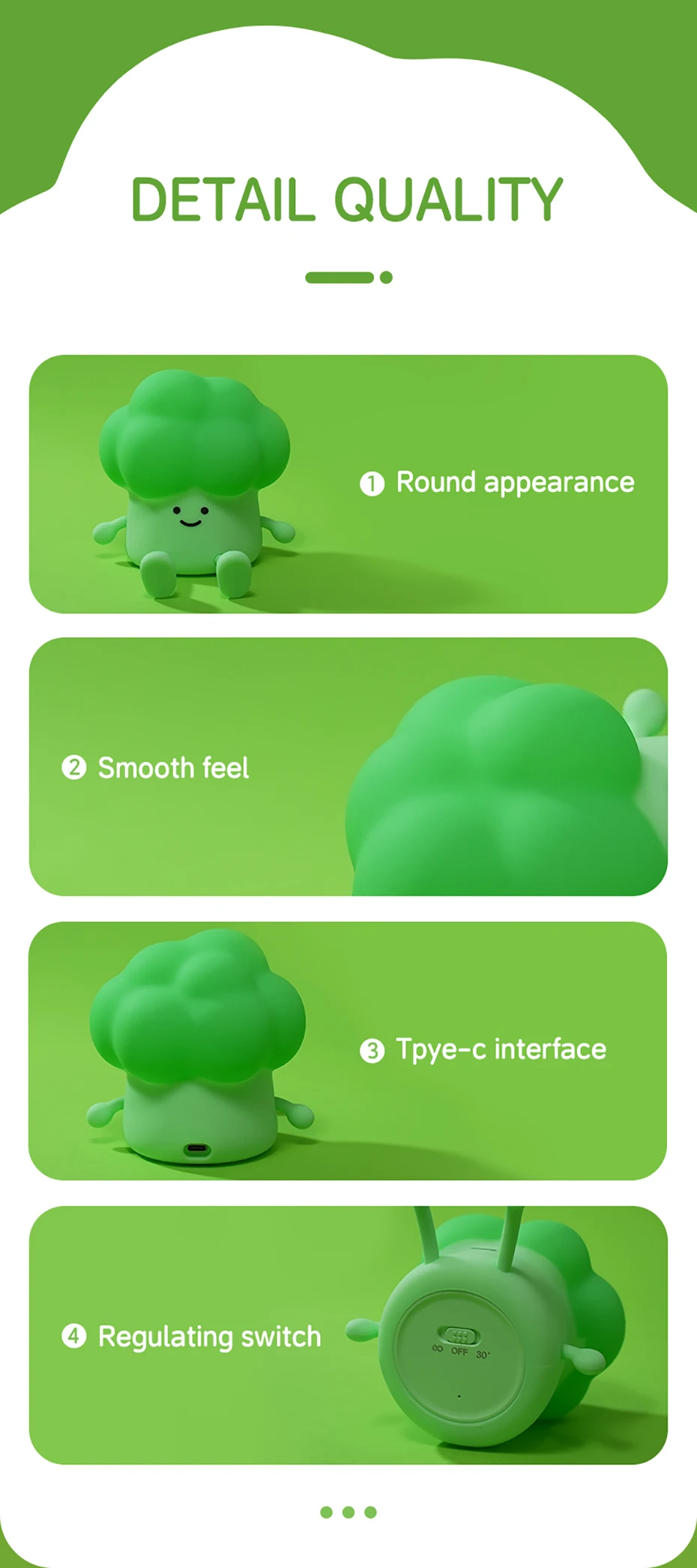 Cartoon Silicone Broccoli Sleep Lamp ReChargable LED Night Light for Children Holiday Gift, Cute Bedside Decor