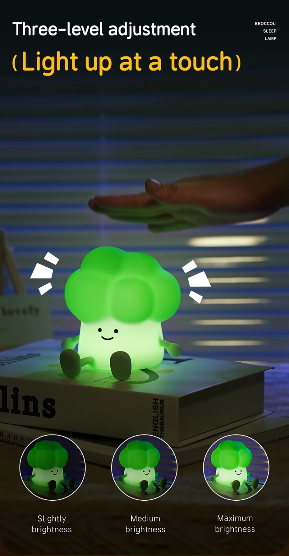 Cartoon Silicone Broccoli Sleep Lamp ReChargable LED Night Light for Children Holiday Gift, Cute Bedside Decor