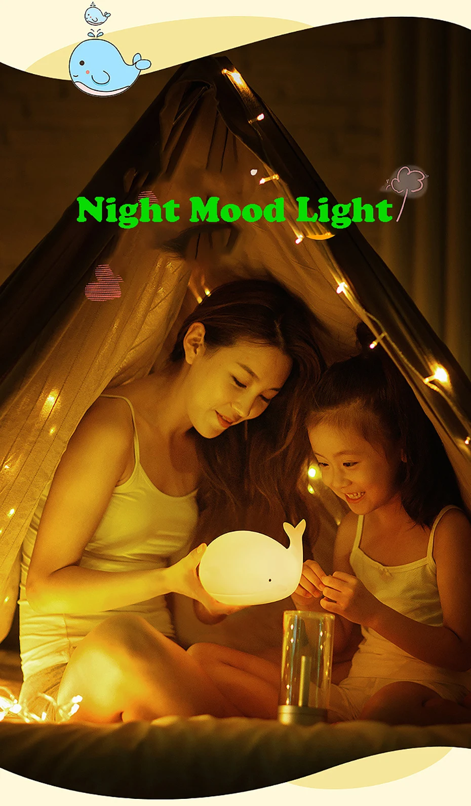 Cartoon Whale Silicone Light,LED NightLight,Rechargeable RGB Atmosphere Lamp Bedroom Bedside Decor for Children Holiday Gifts