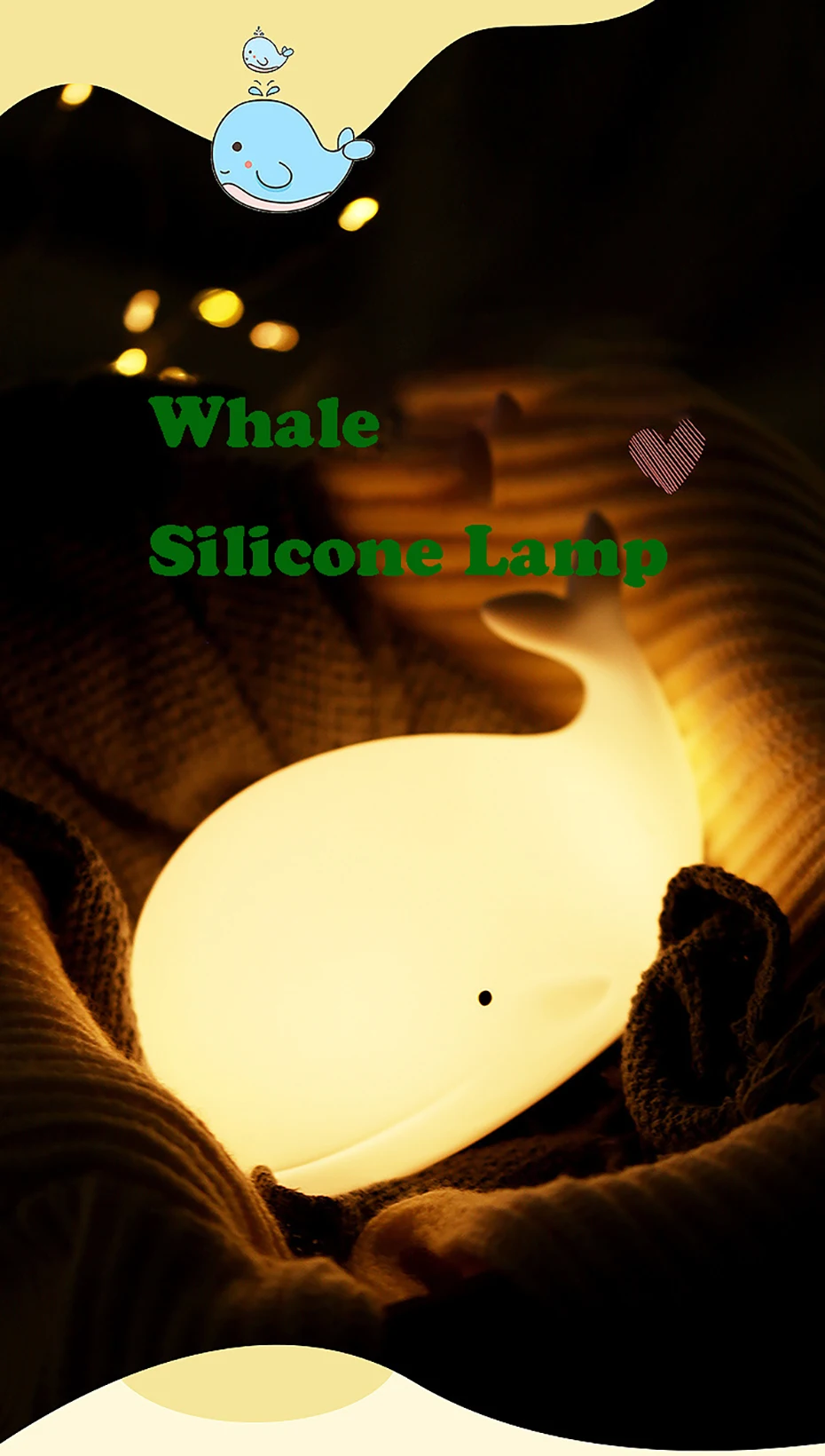 Cartoon Whale Silicone Light,LED NightLight,Rechargeable RGB Atmosphere Lamp Bedroom Bedside Decor for Children Holiday Gifts
