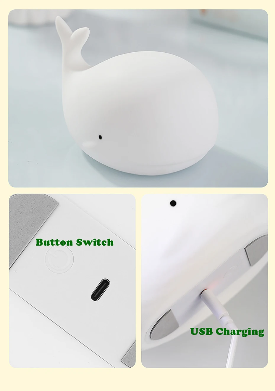 Cartoon Whale Silicone Light,LED NightLight,Rechargeable RGB Atmosphere Lamp Bedroom Bedside Decor for Children Holiday Gifts