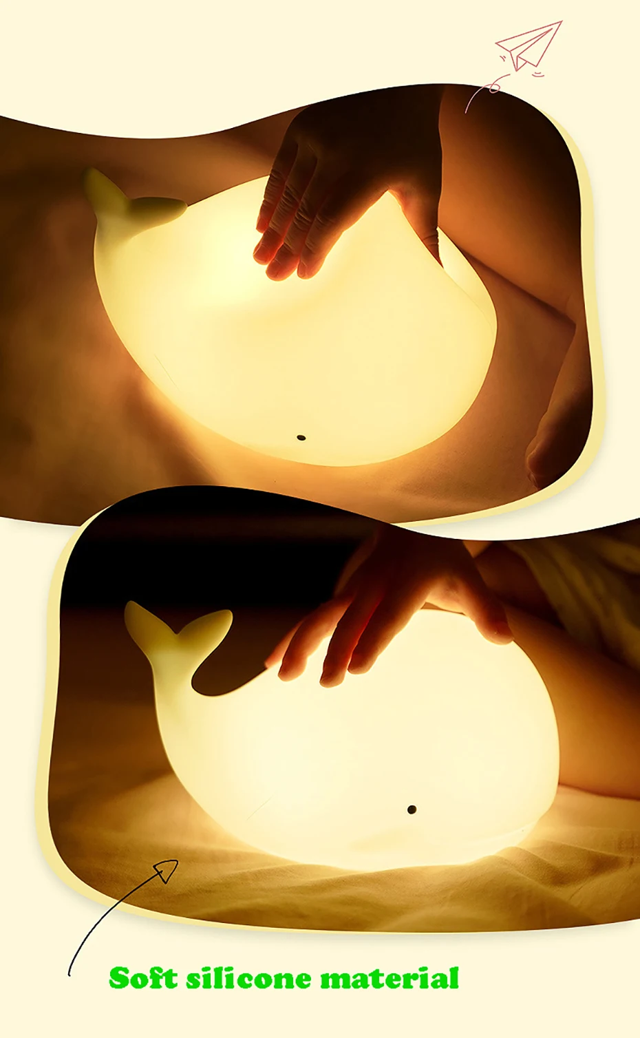 Cartoon Whale Silicone Light,LED NightLight,Rechargeable RGB Atmosphere Lamp Bedroom Bedside Decor for Children Holiday Gifts