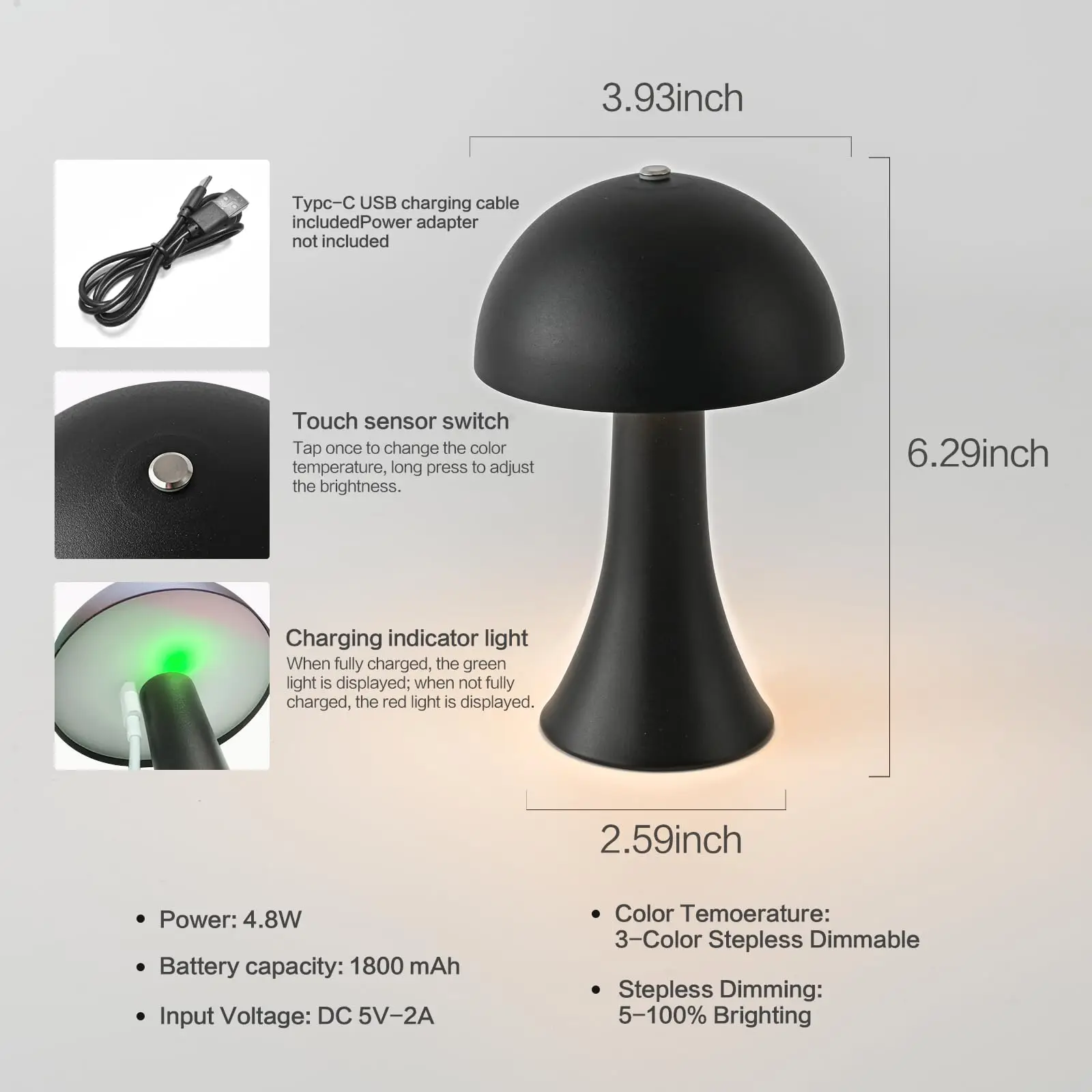 GGbingo Mushroom Table Lamp Ambient USB Rechargeable Vintage Table Light Touch Sensor LED Desk Light for Bedroom Home Decor