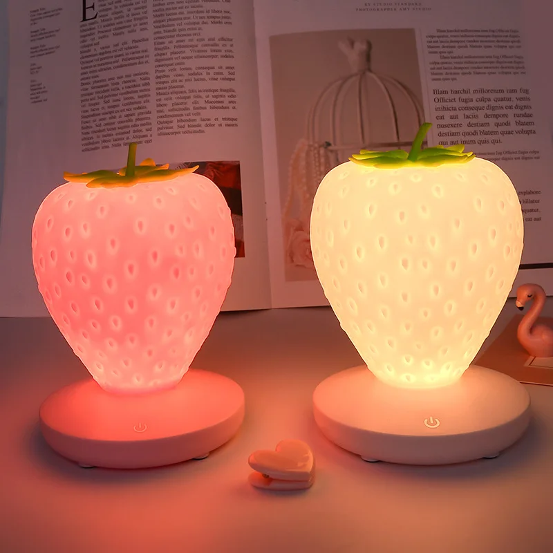 LED Strawberry Night Lamp USB Charing Bedside Lamp Silicon Touch-Sensor Nightlight for Kid Children Bedroom Decoration