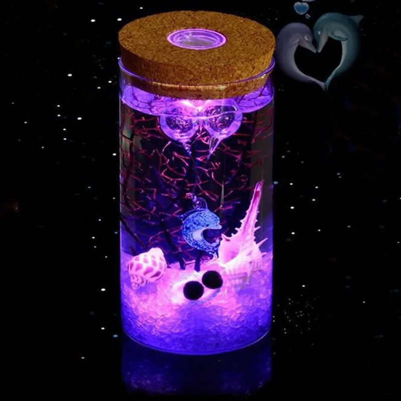 11/12cm Round Glass Jar Globe Terrarium Glass Jar with Colorful LED Light Cork Micro Landscape Ecological Bottle Night Lights