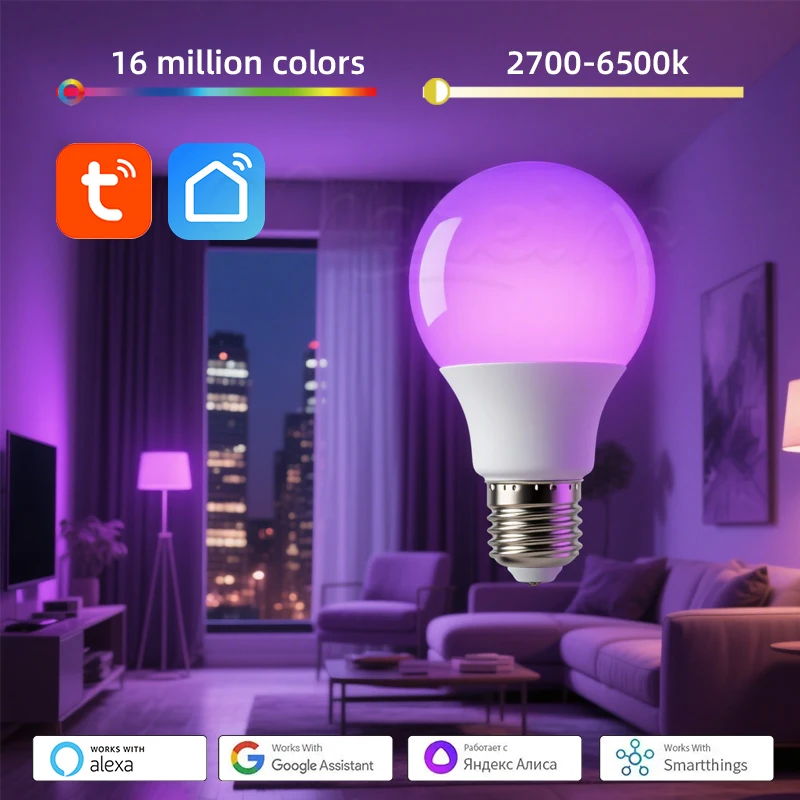 Voice Control Smart Life APP WIFI Bulb Lamps 9W E27 RGBCW Dimming Color Grading Timing Remote Control Suitable Alexa Google Home