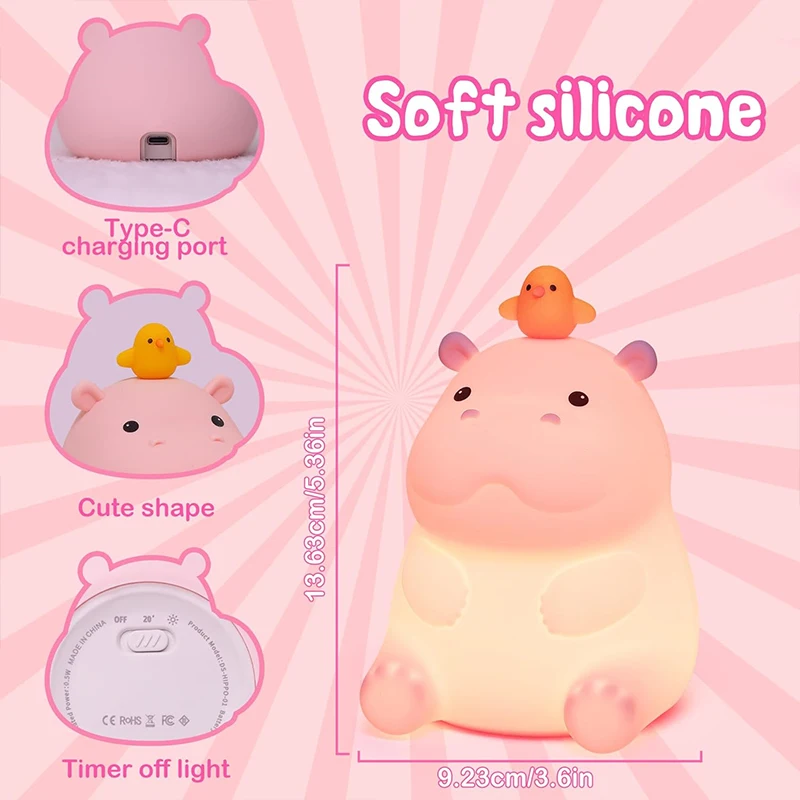 Hippo Night Light, Animal Lamp, Food Grade Silicone, Rechargeable, 2 Level Dimmable, Squishy Nursery Nightlight for Desk Decor