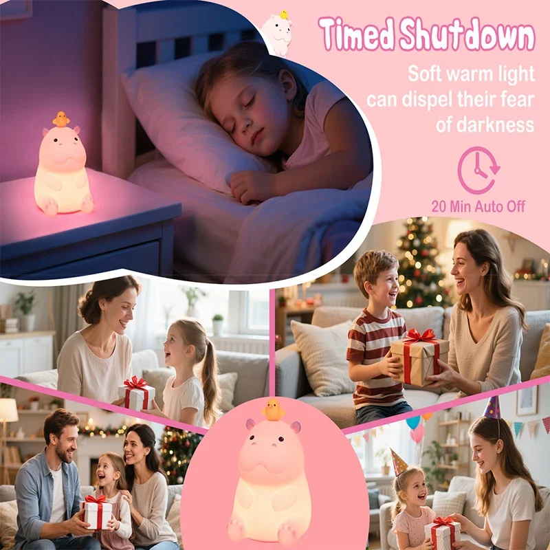 Hippo Night Light, Animal Lamp, Food Grade Silicone, Rechargeable, 2 Level Dimmable, Squishy Nursery Nightlight for Desk Decor