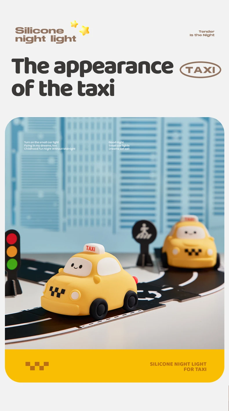 Car Silicone Night Light Taxi Dinosaur Toy Cute Cartoon Ornament USB Rechargeable Adjustable Table Lamp for Nursery Boy Kid Gift