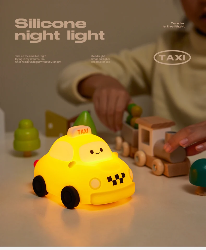 Car Silicone Night Light Taxi Dinosaur Toy Cute Cartoon Ornament USB Rechargeable Adjustable Table Lamp for Nursery Boy Kid Gift