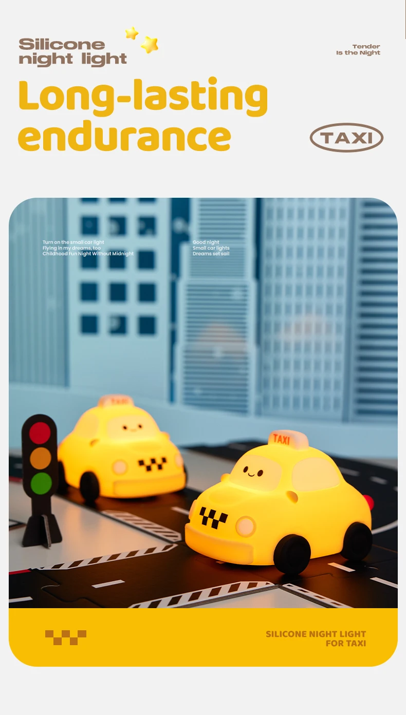 Car Silicone Night Light Taxi Dinosaur Toy Cute Cartoon Ornament USB Rechargeable Adjustable Table Lamp for Nursery Boy Kid Gift