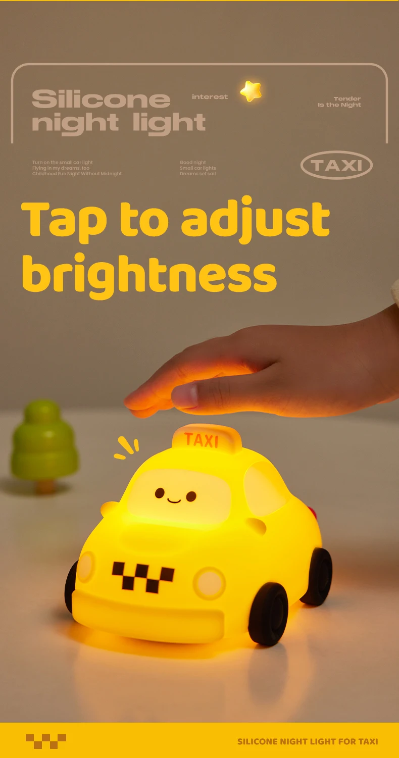 Car Silicone Night Light Taxi Dinosaur Toy Cute Cartoon Ornament USB Rechargeable Adjustable Table Lamp for Nursery Boy Kid Gift