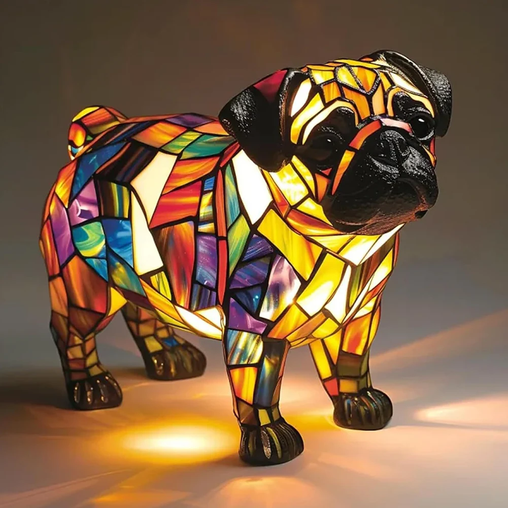 Colored Resin Animal LED Light Dog Series Art Night Light 3D Stained Resin French Handmade Table Lamp Pet Bedroom Ornaments