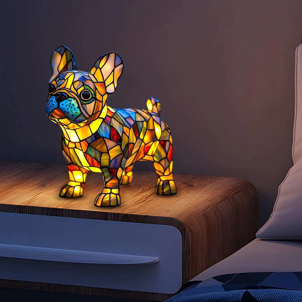 Colored Resin Animal LED Light Dog Series Art Night Light 3D Stained Resin French Handmade Table Lamp Pet Bedroom Ornaments