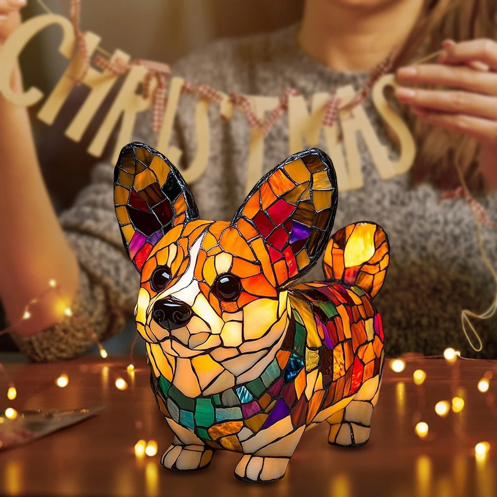 Colored Resin Animal LED Light Dog Series Art Night Light 3D Stained Resin French Handmade Table Lamp Pet Bedroom Ornaments