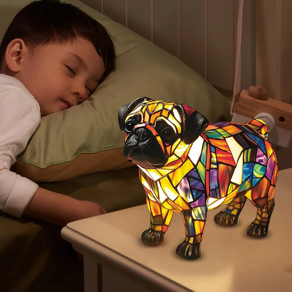 Colored Resin Animal LED Light Dog Series Art Night Light 3D Stained Resin French Handmade Table Lamp Pet Bedroom Ornaments