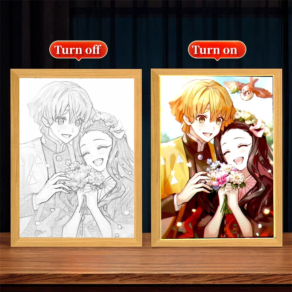 Anime Figure Light Painting Photo Frame Kyojuro Rengoku Action Led Lamps Home Children Bedroom Decor Night Light Chirstmas Gifts