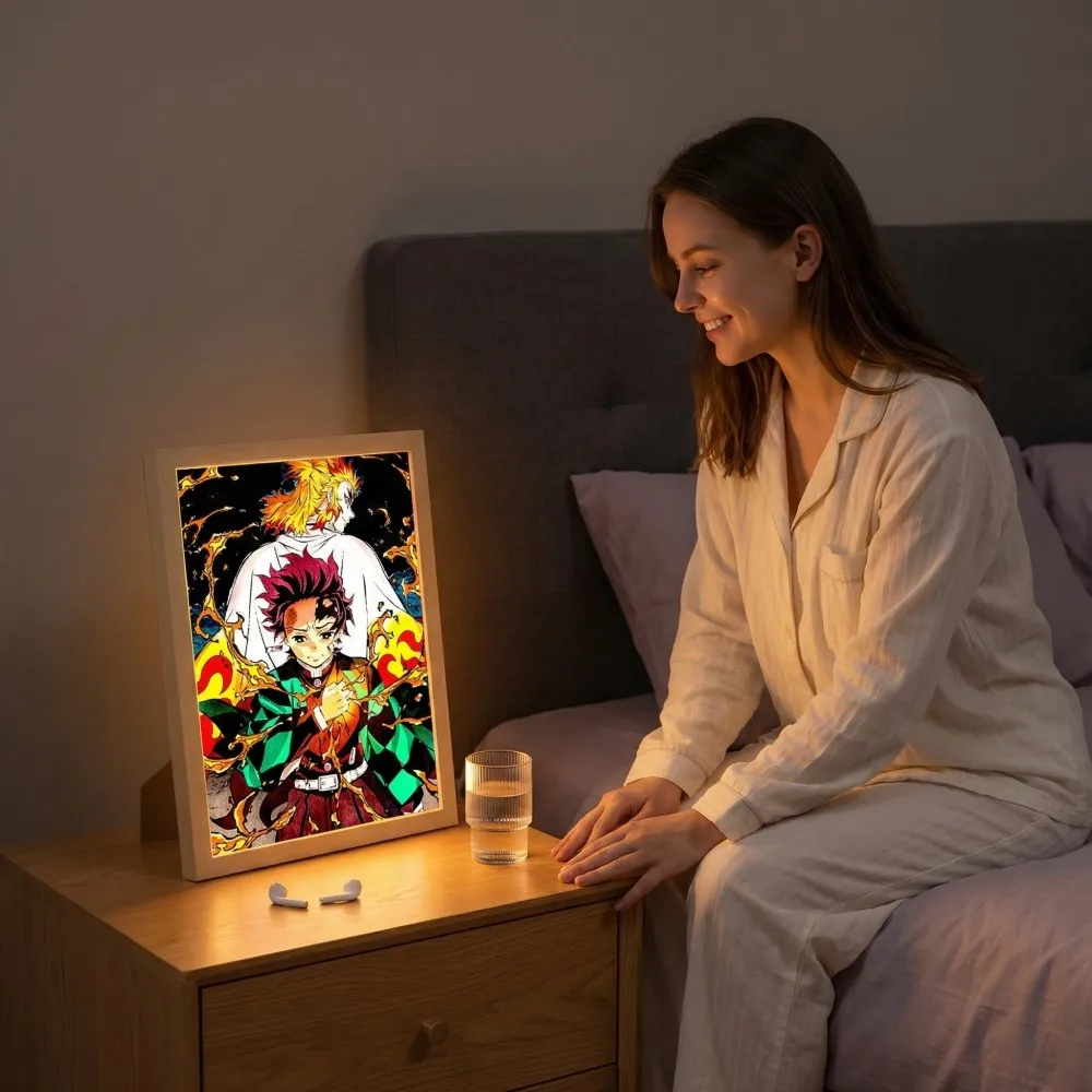 Anime Figure Light Painting Photo Frame Kyojuro Rengoku Action Led Lamps Home Children Bedroom Decor Night Light Chirstmas Gifts