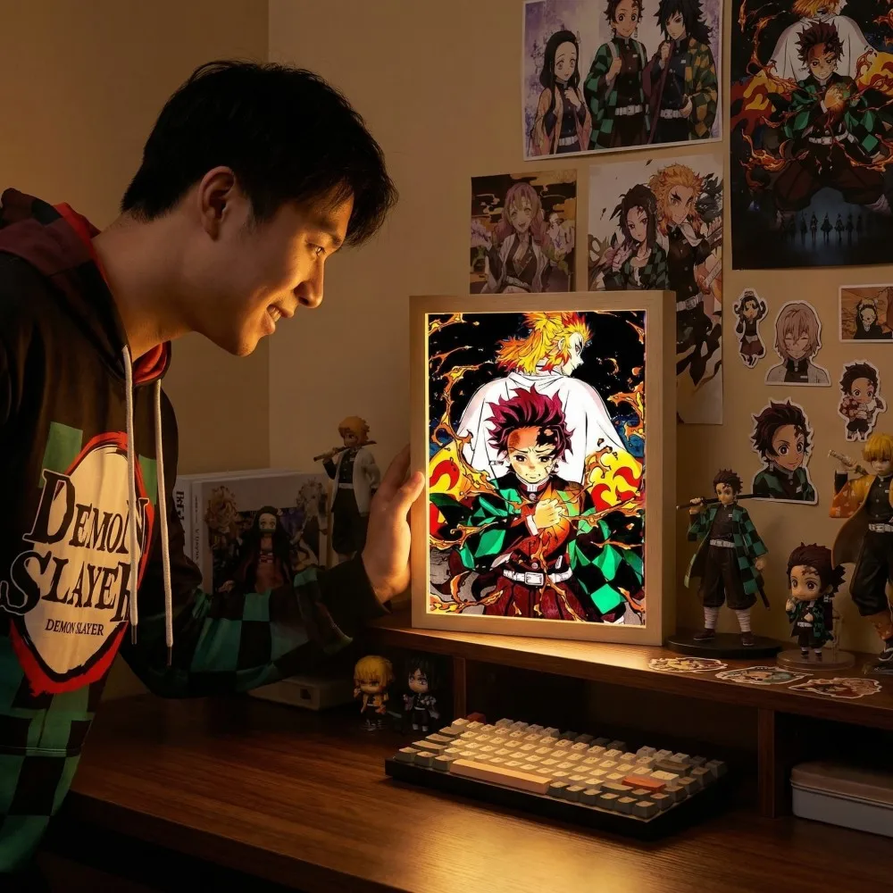 Anime Figure Light Painting Photo Frame Kyojuro Rengoku Action Led Lamps Home Children Bedroom Decor Night Light Chirstmas Gifts