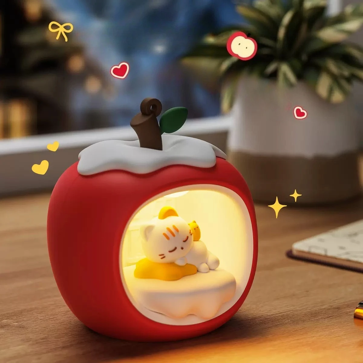 Fruit-Shaped House Christmas Night Light,Sleepy Cat Atmosphere Lamp Touch Control,USB Rechargeable LED Bedside Lamp with 3-Level