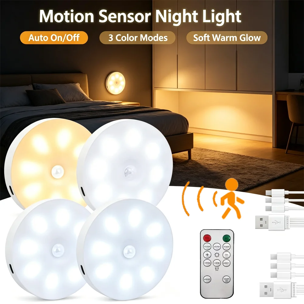 2~6 Pack Motion Sensor LED Night Light USB Rechargeable 3 Color Night Lamp Cabinet Wardrobe Lamp Staircase Wireless Closet Light