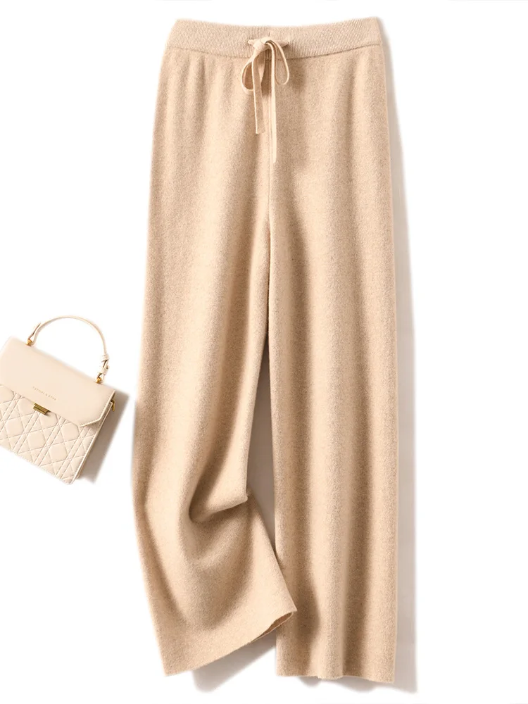 CHICUU Women Cashmere Pants Basic Casual Wide Leg Pants Autumn Winter 100% Merino Wool Knitwear Soft Korean Popular Trousers