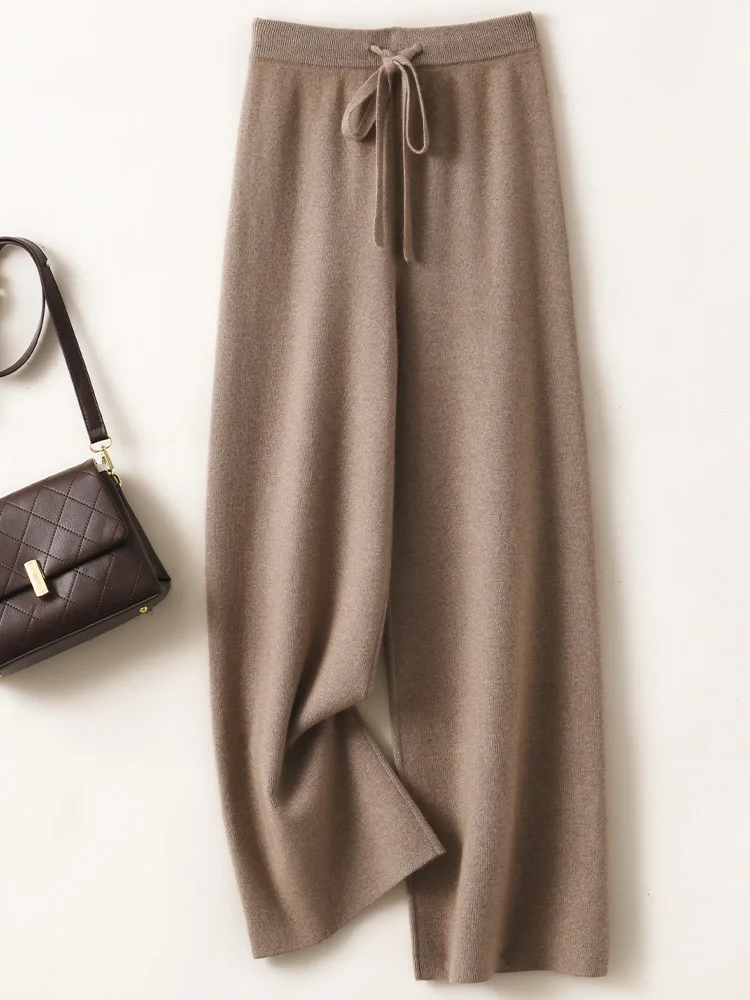 CHICUU Women Cashmere Pants Basic Casual Wide Leg Pants Autumn Winter 100% Merino Wool Knitwear Soft Korean Popular Trousers