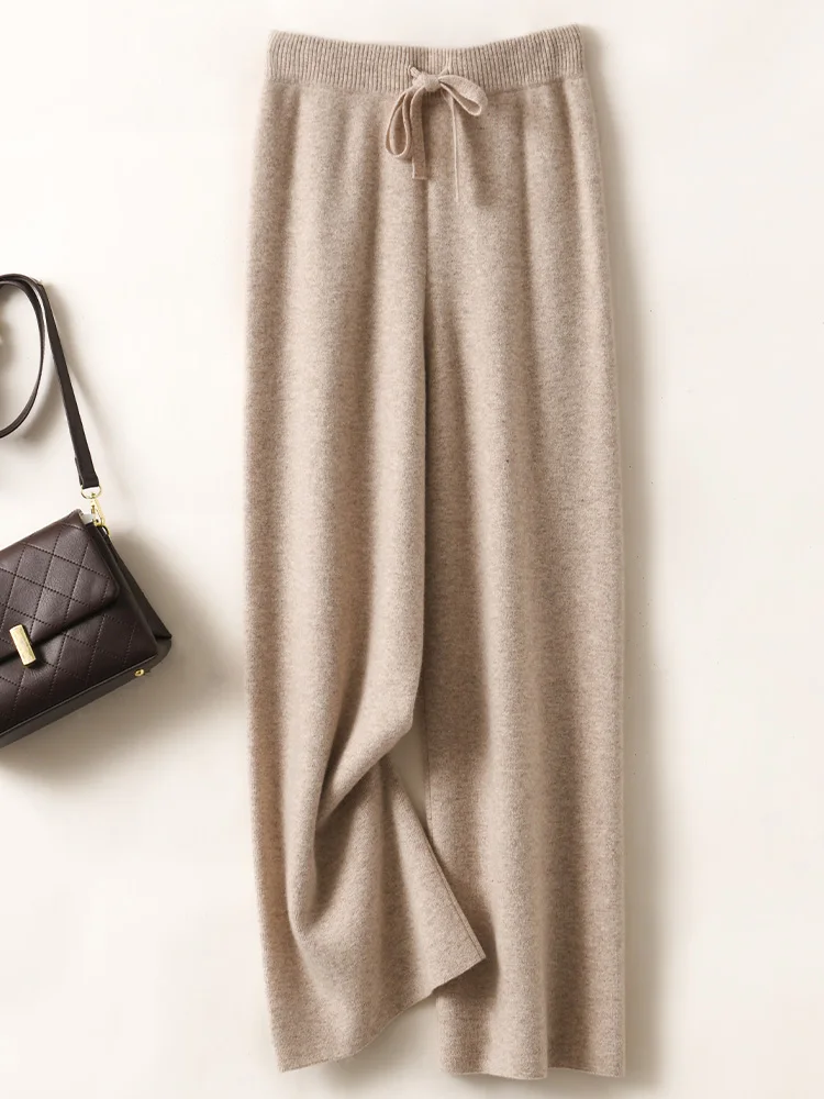 CHICUU Women Cashmere Pants Basic Casual Wide Leg Pants Autumn Winter 100% Merino Wool Knitwear Soft Korean Popular Trousers
