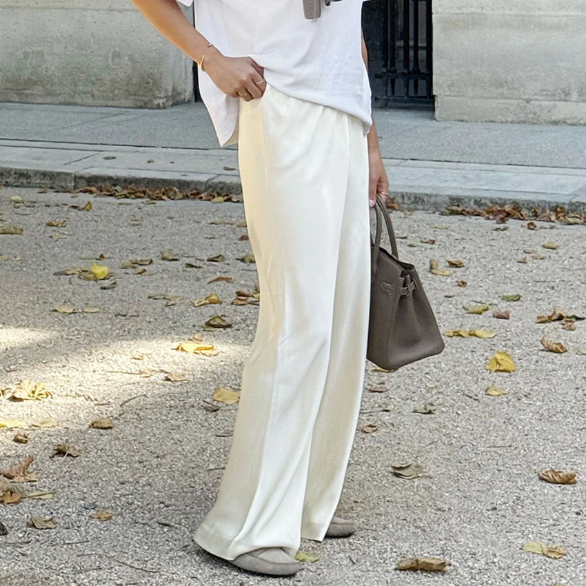 Linad Elegant Brown Satin Wide Leg Pants Women Autumn Fashion Beige High Waist Trousers Street Chic Silk Long Pants Female 2025