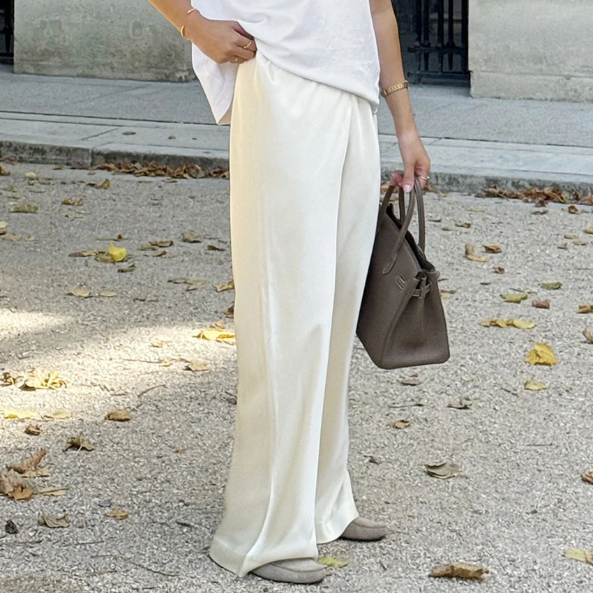 Linad Elegant Brown Satin Wide Leg Pants Women Autumn Fashion Beige High Waist Trousers Street Chic Silk Long Pants Female 2025