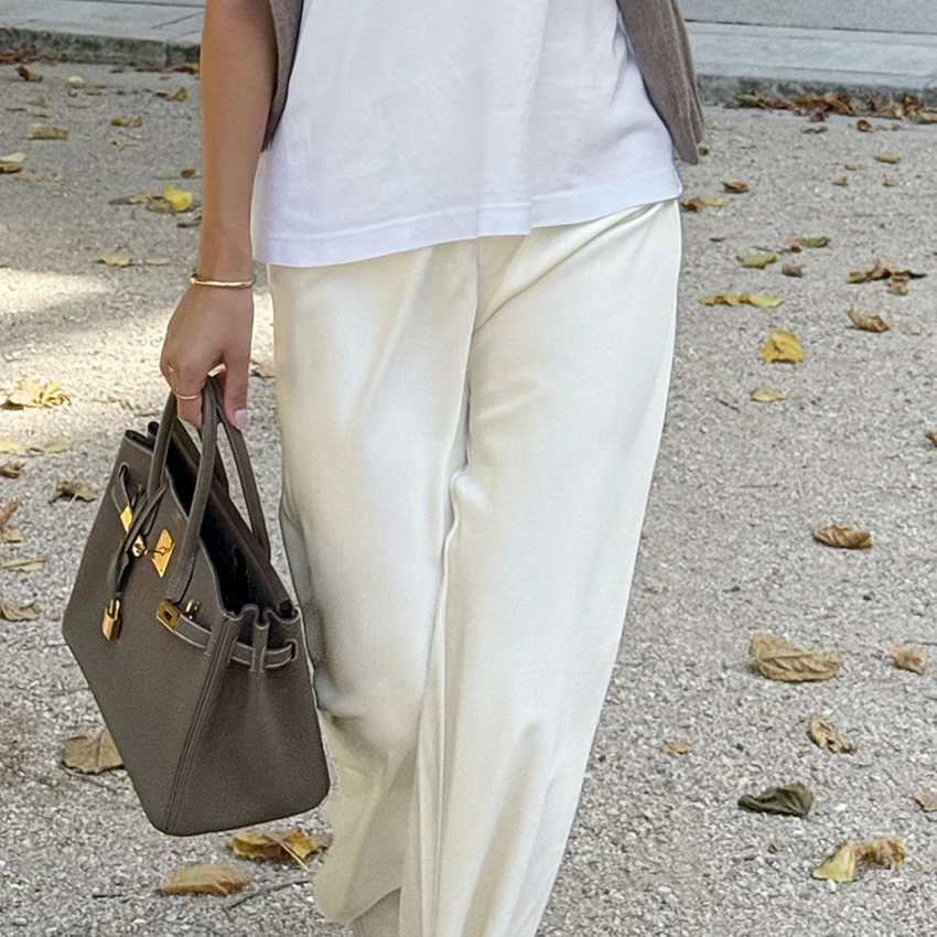 Linad Elegant Brown Satin Wide Leg Pants Women Autumn Fashion Beige High Waist Trousers Street Chic Silk Long Pants Female 2025