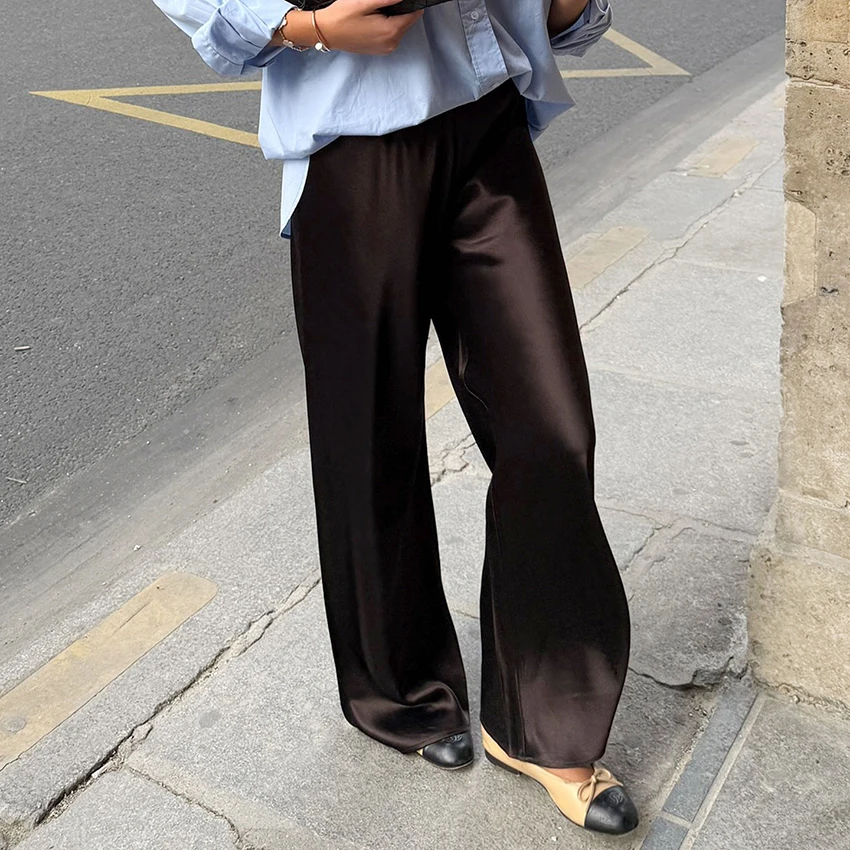 Linad Elegant Brown Satin Wide Leg Pants Women Autumn Fashion Beige High Waist Trousers Street Chic Silk Long Pants Female 2025