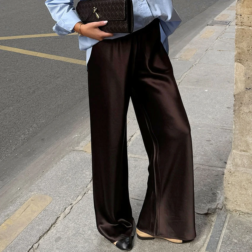 Linad Elegant Brown Satin Wide Leg Pants Women Autumn Fashion Beige High Waist Trousers Street Chic Silk Long Pants Female 2025