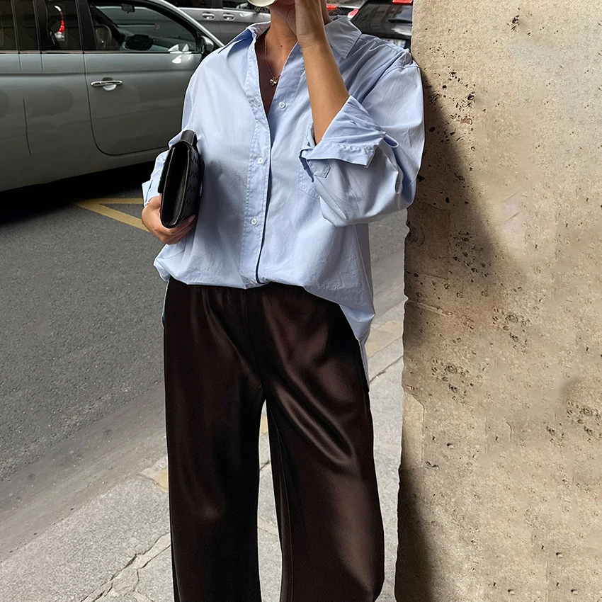Linad Elegant Brown Satin Wide Leg Pants Women Autumn Fashion Beige High Waist Trousers Street Chic Silk Long Pants Female 2025