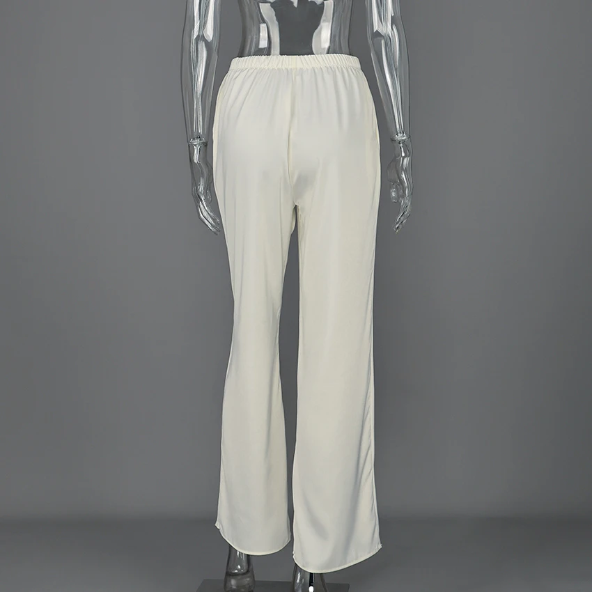 Linad Elegant Brown Satin Wide Leg Pants Women Autumn Fashion Beige High Waist Trousers Street Chic Silk Long Pants Female 2025