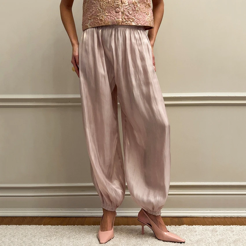 Linad Elegant Pink Crepe Loose Bloomers For Woman Street Chic Pleated Trousers Female Autumn Vintage High Waist Long Pants 2025