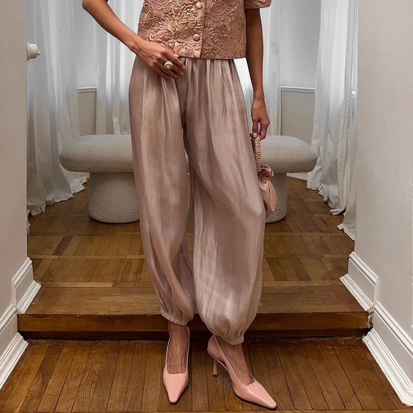 Linad Elegant Pink Crepe Loose Bloomers For Woman Street Chic Pleated Trousers Female Autumn Vintage High Waist Long Pants 2025