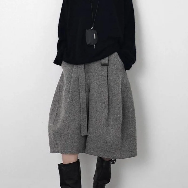 Autumn Winter Fashion Woolen Cropped Pants Women High Waisted Pleated Wide Leg Pants Solid Color Office Lady Belt Trousers 752A