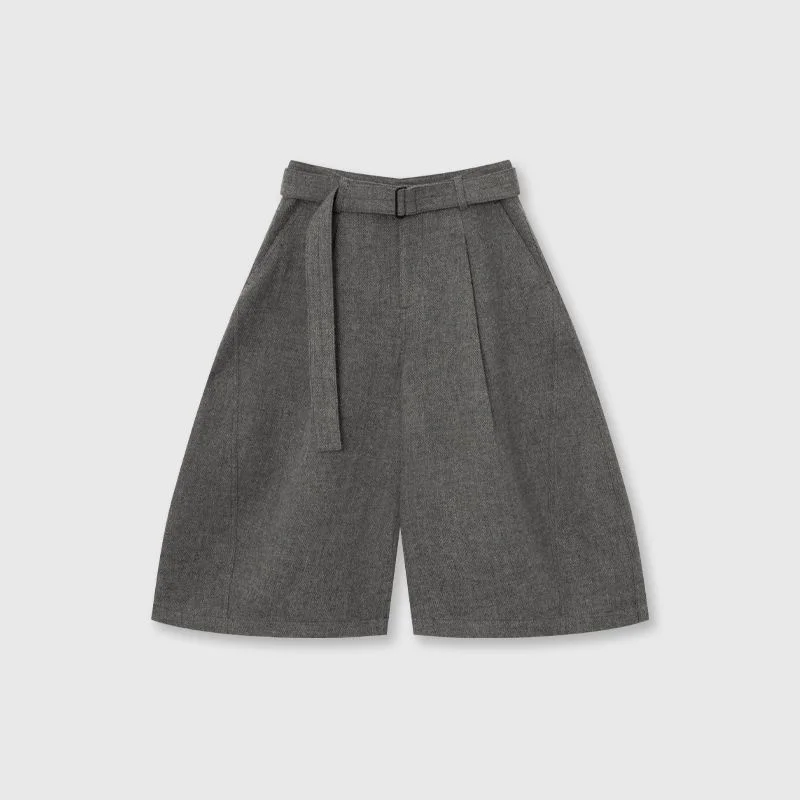 Autumn Winter Fashion Woolen Cropped Pants Women High Waisted Pleated Wide Leg Pants Solid Color Office Lady Belt Trousers 752A