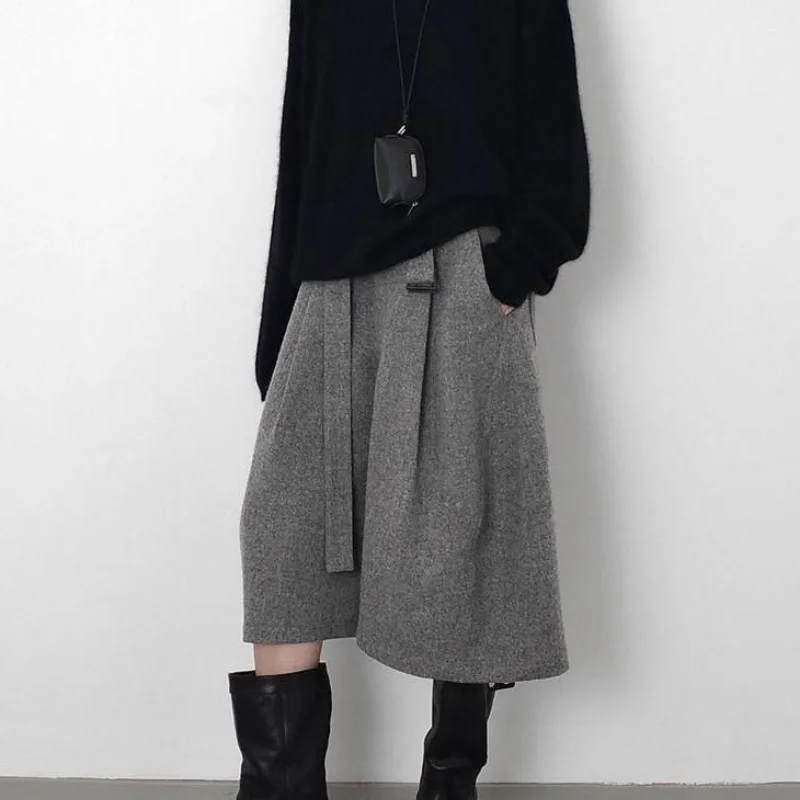 Autumn Winter Fashion Woolen Cropped Pants Women High Waisted Pleated Wide Leg Pants Solid Color Office Lady Belt Trousers 752A