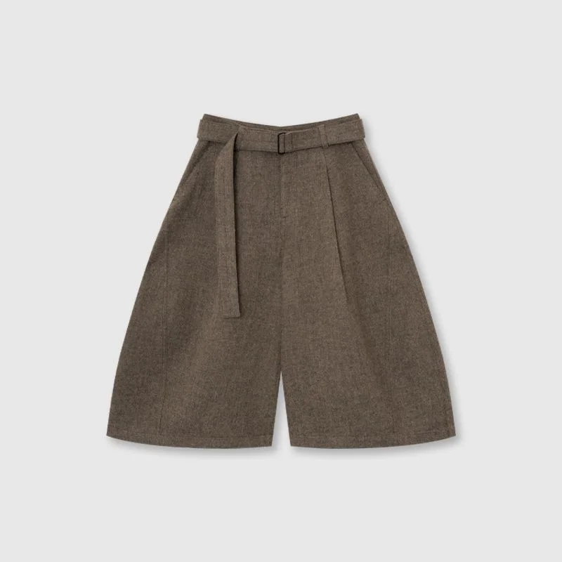 Autumn Winter Fashion Woolen Cropped Pants Women High Waisted Pleated Wide Leg Pants Solid Color Office Lady Belt Trousers 752A