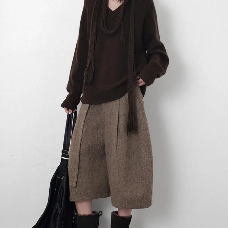 Autumn Winter Fashion Woolen Cropped Pants Women High Waisted Pleated Wide Leg Pants Solid Color Office Lady Belt Trousers 752A