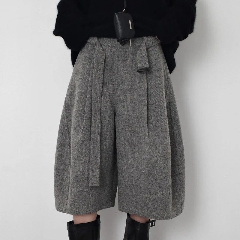 Autumn Winter Fashion Woolen Cropped Pants Women High Waisted Pleated Wide Leg Pants Solid Color Office Lady Belt Trousers 752A