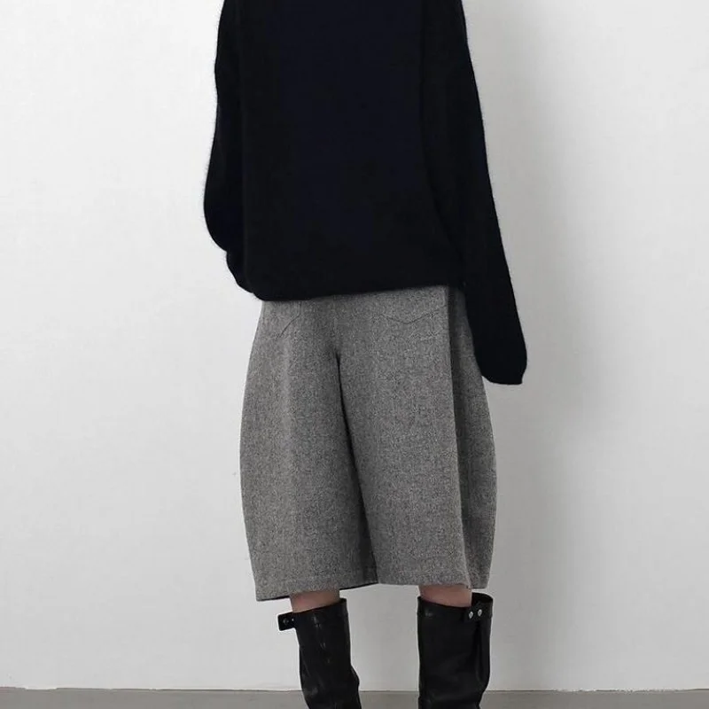 Autumn Winter Fashion Woolen Cropped Pants Women High Waisted Pleated Wide Leg Pants Solid Color Office Lady Belt Trousers 752A