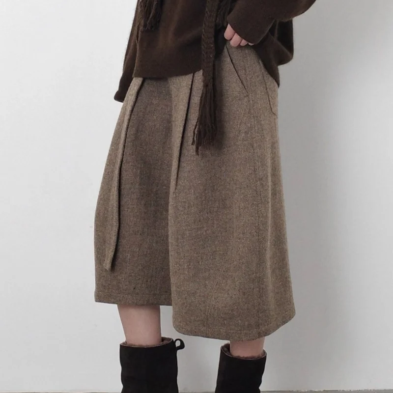 Autumn Winter Fashion Woolen Cropped Pants Women High Waisted Pleated Wide Leg Pants Solid Color Office Lady Belt Trousers 752A