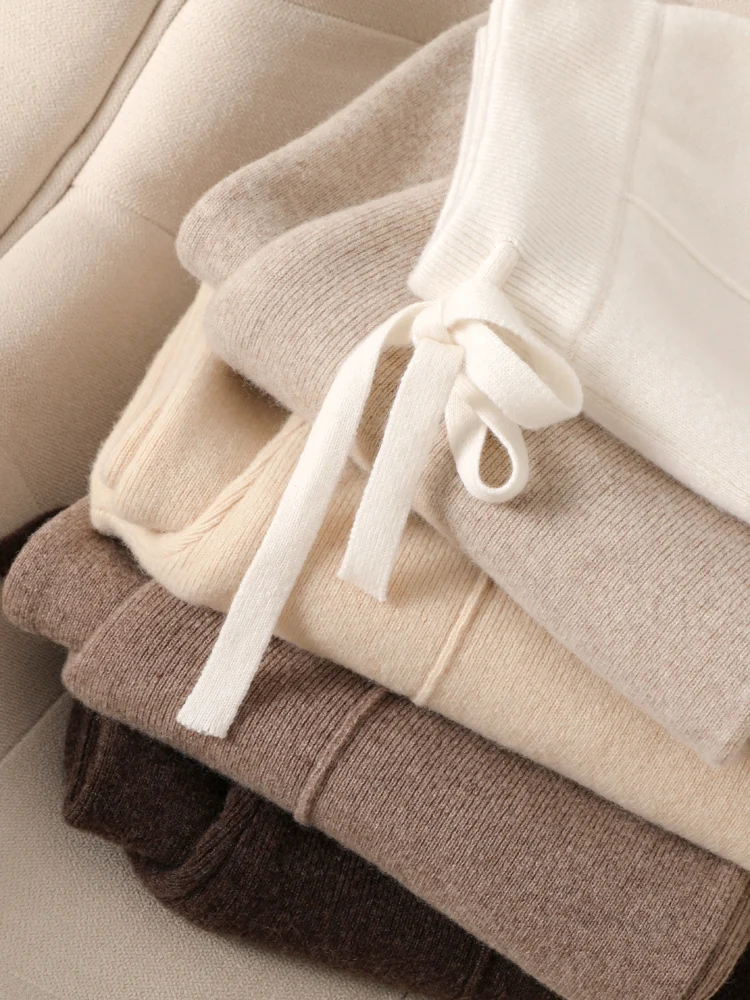Women 100% Merino Wool Knitted Wide Leg Pants Autumn Winter Basic Soft Warm Cashmere Knit Trousers Casual Simple Style Korean