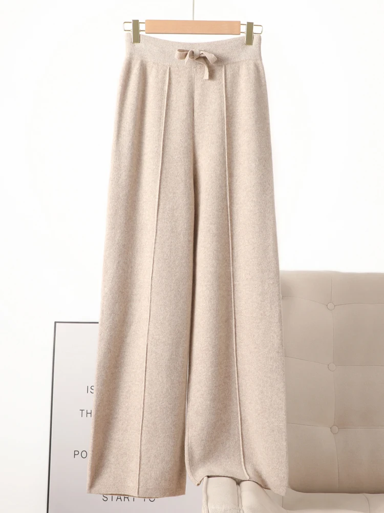 Women 100% Merino Wool Knitted Wide Leg Pants Autumn Winter Basic Soft Warm Cashmere Knit Trousers Casual Simple Style Korean